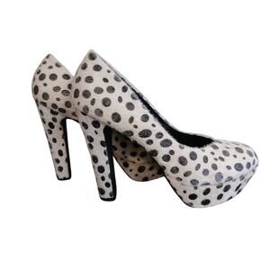 Pink & Pepper Spotted/Dalmatian‎ Faux Fur Heels in Black/White, Sz 7 #1045